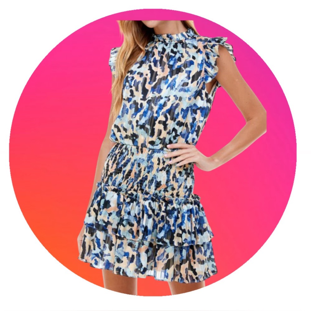 TCEC animal print Tier mini dress smocked waist women’s size Large